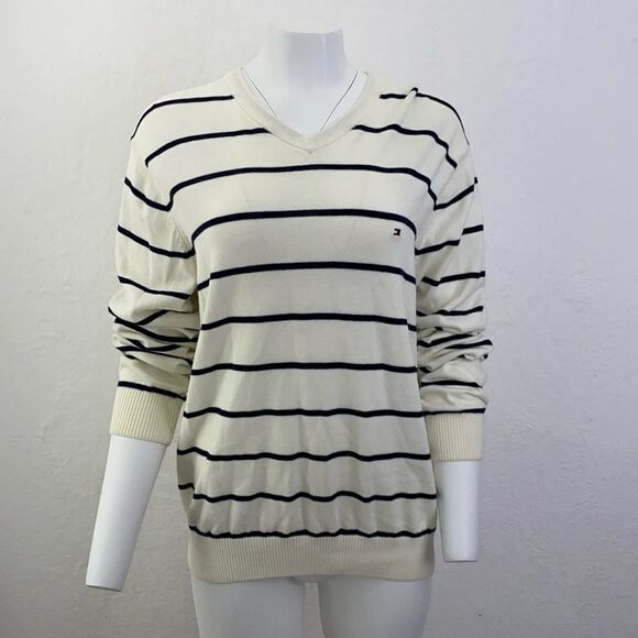 Tommy Hilfiger Striped Black and White V Neck Sweater - Picture 1 of 4